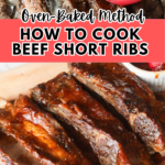 Close-up of tender oven-baked BBQ beef short ribs coated in rich barbecue sauce.
