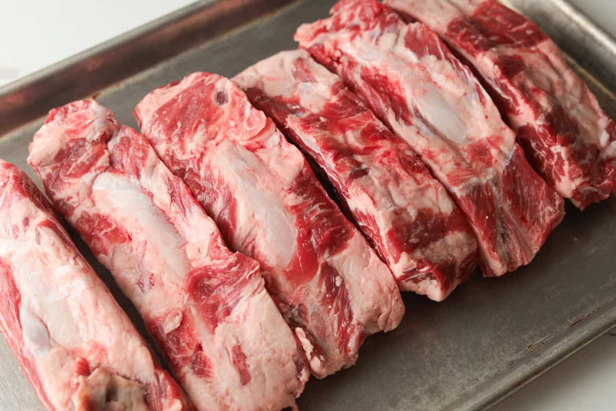 English cut beef ribs on roasting pan.