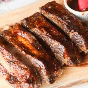 Closeup oven roasted bbq glazed beef short ribs