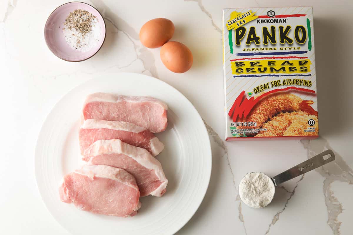pork cutlets, salt and pepper, eggs, panko, flour.