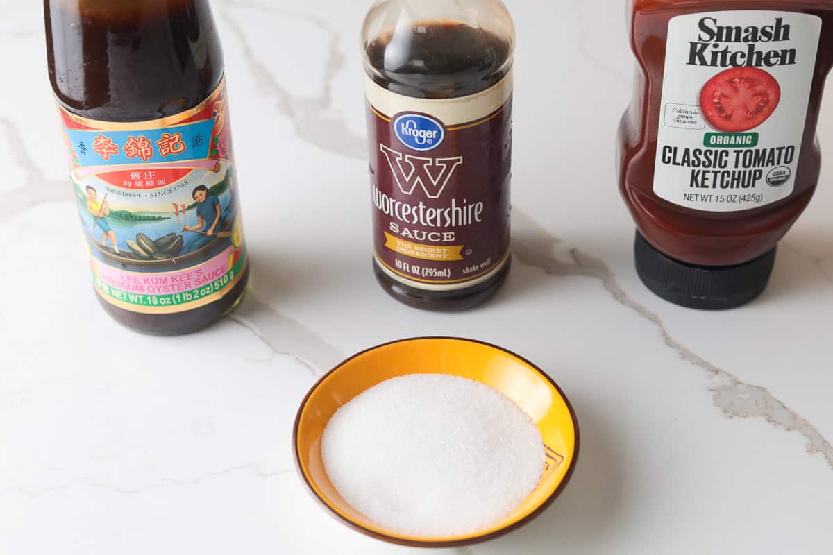 Sugar, oyster sauce, worcestershire sauce, ketchup.