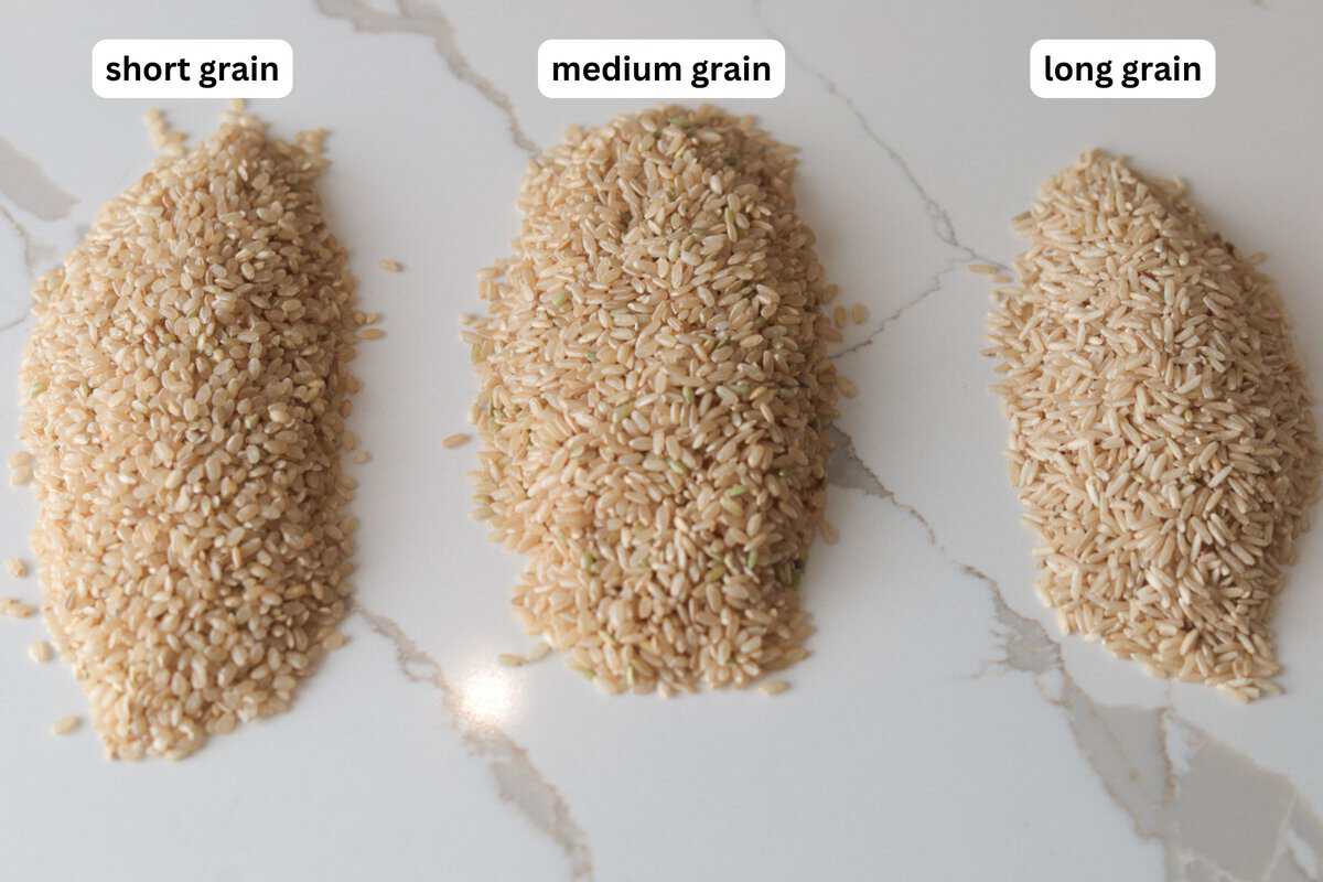 Three distinct piles of uncooked brown rice: short grain, medium grain, and long grain. Arranged side-by-side on a countertop with clear text labels above each type.