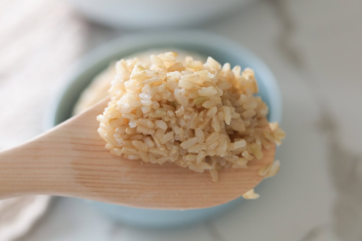 cooked brown rice on spoon.