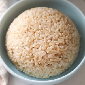 Cooked brown rice in a bowl.