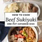 A split-view image showing the preparation of Japanese sukiyaki. The top section displays raw ingredients organized on a white countertop, including a package of firm tofu, rolls of thinly sliced raw beef, a package of konjac noodles, green cabbage, enoki mushrooms, and shiitake mushrooms. The bottom section shows the ingredients cooked together in a large white pot. A central white text overlay reads "HOW TO COOK Beef Sukiyaki ONE-POT JAPANESE DISH".