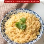 Pinterest graphic titled "How to Cook Orzo in Chicken Broth - Creamy, Comforting Recipe" featuring a blue-and-white patterned bowl of cooked orzo garnished with fresh cilantro.
