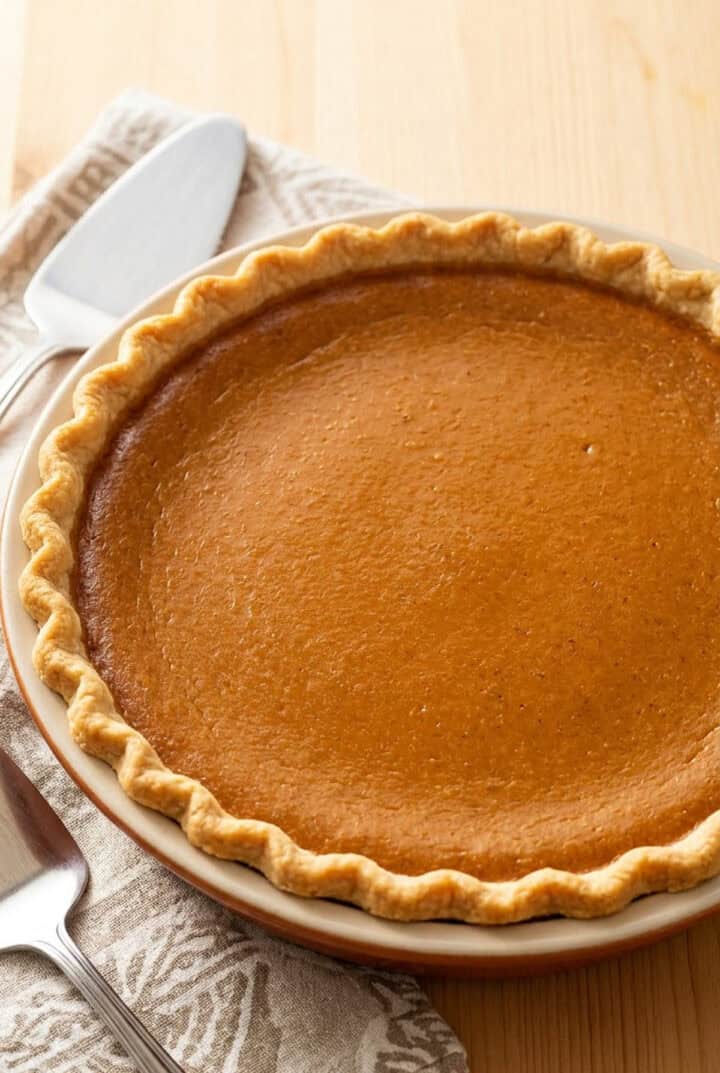 A freshly baked, whole pumpkin pie in a pie dish on a dish towel.