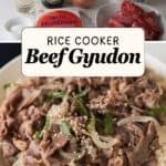 Pinterest pin featuring ingredients like mirin, Kikkoman soy sauce, an onion, Hondashi, white rice, and sliced raw beef on top, above a bowl of cooked beef gyudon with text reading "RICE COOKER Beef Gyudon" and website link "apeachyplate.com".